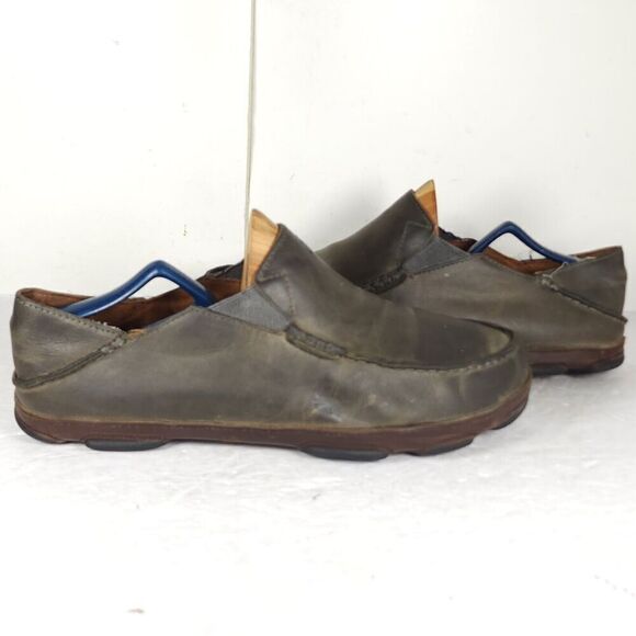 OluKai Men's Moloa US 10,5 Brown Leather Flats Loafer Slippers Shoes - Picture 9 of 14